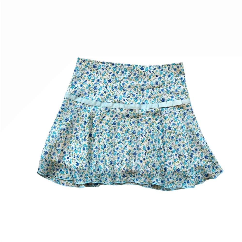 VTG‎ floral blue tie bow mini skirt silky fairy whimsical Coquette girly